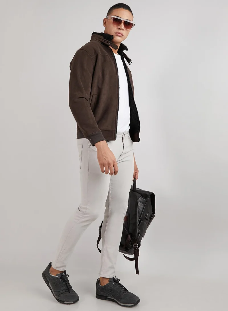 Campus Sutra Men's Brown Zip-Front Jacket With Fleece Detail