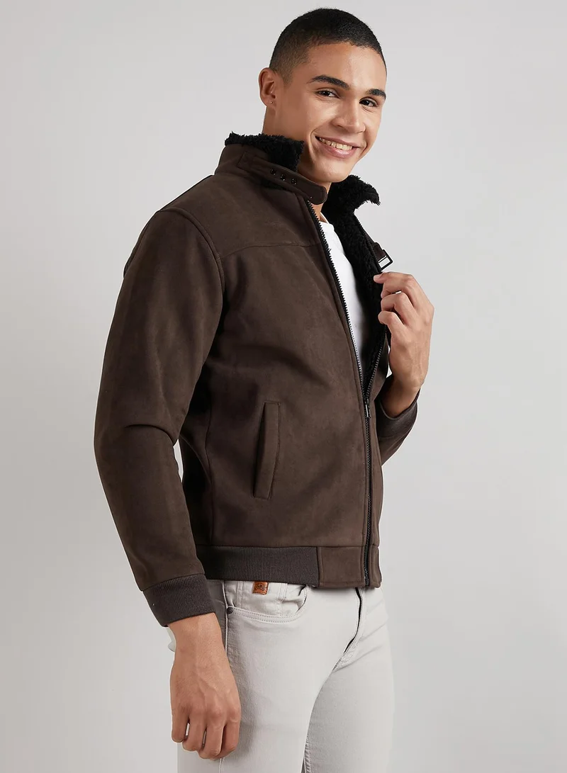 Campus Sutra Men's Brown Zip-Front Jacket With Fleece Detail