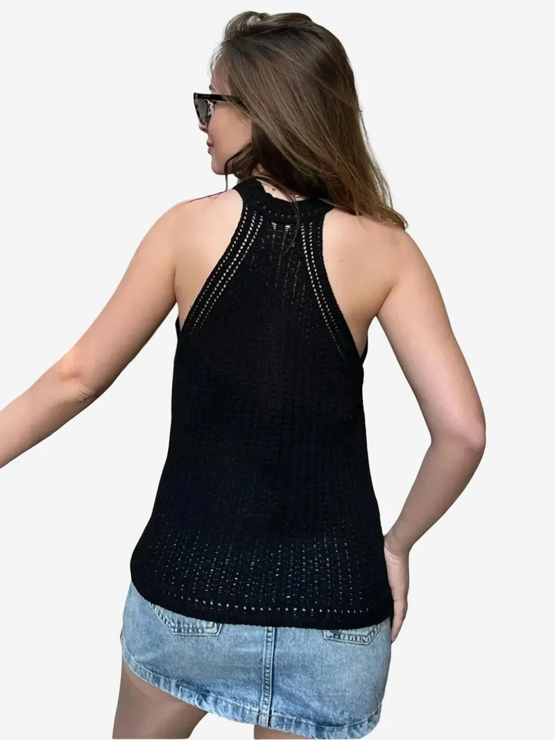 Bianco Lucci Black LUCCI Textured Halter Neck Blouse for Women | Best Price UAE