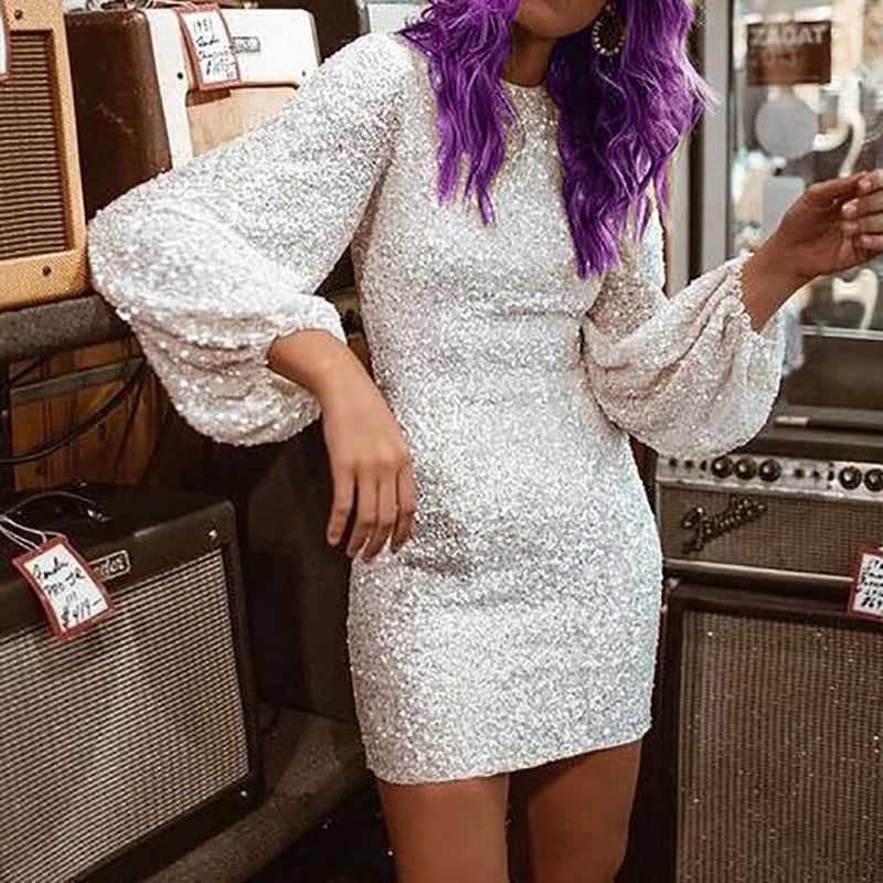 زي من الخارجية شيزي 2021 إيباي فستان طويل الأكمام لوني متجدد رفيع الجسم وأنابيبي اللون الأبيض مقاس M - Image 2