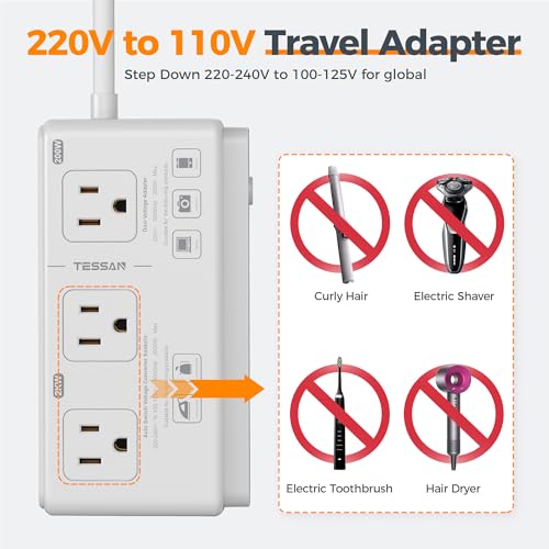 TESSAN 220V to 110V Voltage Converter, TESSAN Universal Travel Adapter with 4 USB Charger (1 USB C), 3 AC Sockets and EU/UK/AU/IT Plug Power Adaptor, Step Down Transformer Outlet Converters for International - Image 3