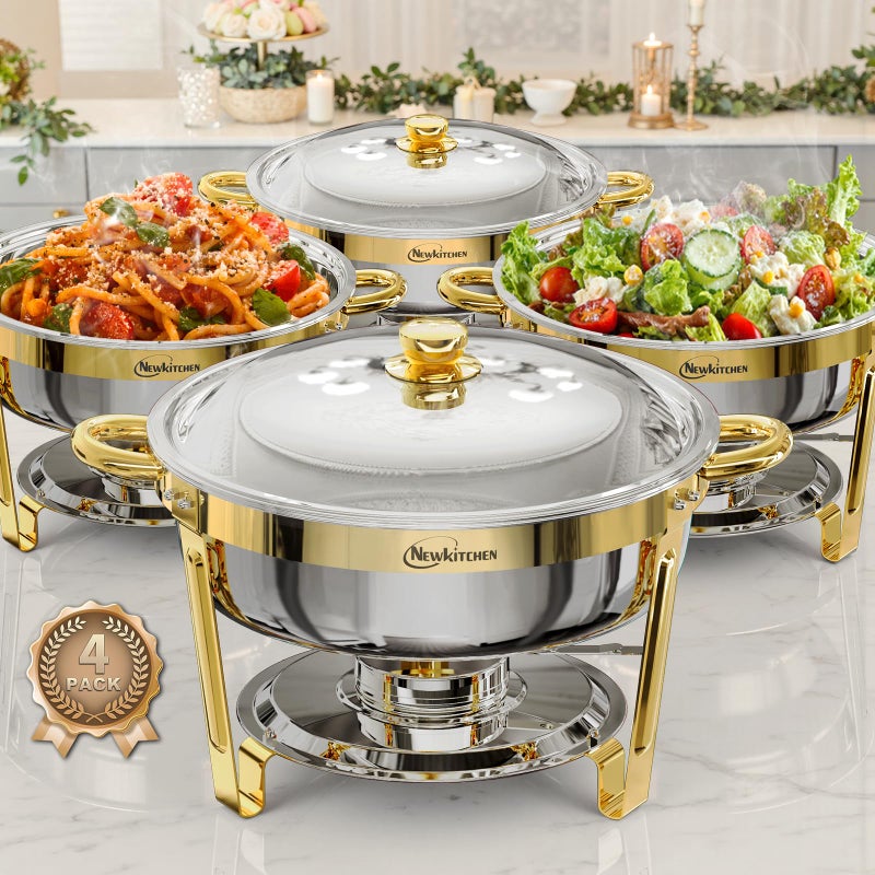 NEWKITCHEN Chafing Dishes for Buffet 4 Pack, 6QT Round Chafing Dishes for Buffet [Elegant Gold] Stainless Steel Chafing Dish Buffet Set for Any Party - Image 1