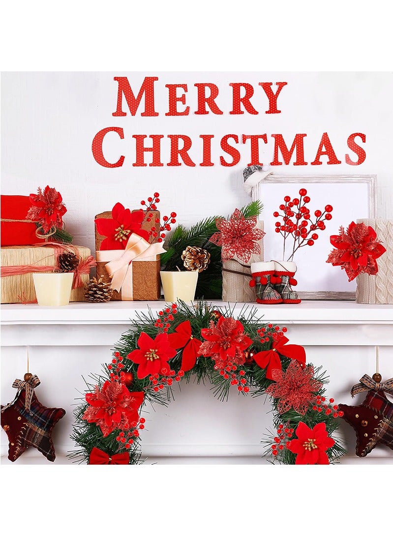 Topyich 48 Pcs 4 Styles Christmas Glitter Poinsettia Artificial Flowers 24,12 Bead Sticks,12 Berries Stems Christmas Tree Ornament with Clips and Stem for Xmas Wedding Wreath Decoration(Red) - Image 3