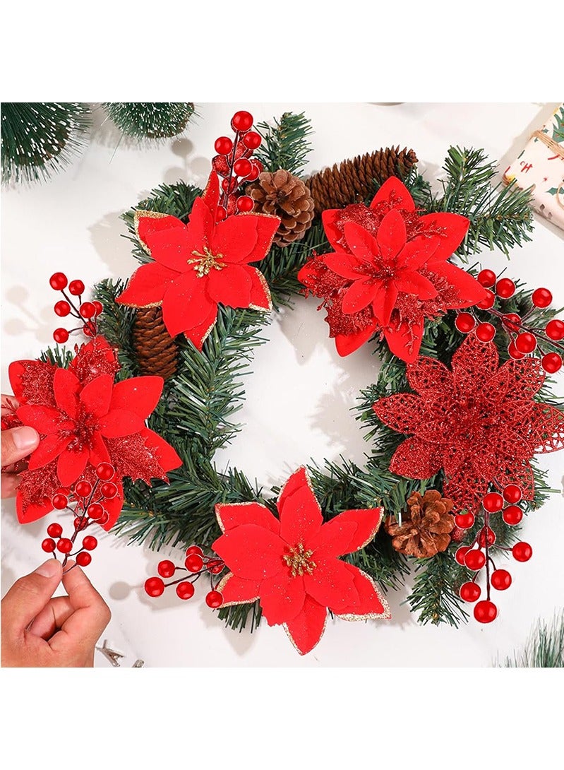 Topyich 48 Pcs 4 Styles Christmas Glitter Poinsettia Artificial Flowers 24,12 Bead Sticks,12 Berries Stems Christmas Tree Ornament with Clips and Stem for Xmas Wedding Wreath Decoration(Red) - Image 5