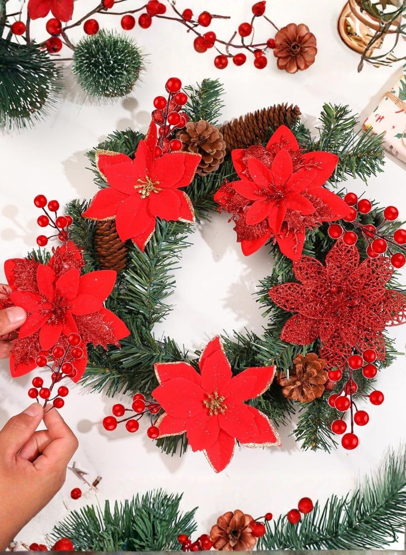 Topyich 48 Pcs 4 Styles Christmas Glitter Poinsettia Artificial Flowers 24,12 Bead Sticks,12 Berries Stems Christmas Tree Ornament with Clips and Stem for Xmas Wedding Wreath Decoration(Red) - Image 1