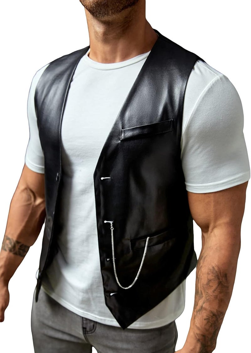 Verdusa Men's PU Leather Sleeveless Motorcycle Biker Vest Jacket, Black - Image 1