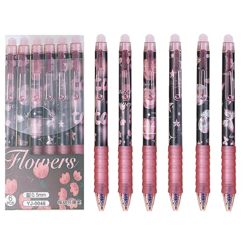 MOZXIRZ 6 Pcs Erasable Gel Ink Pens Retractable Pens 05mm Blue Ink Pen Office School Pens Cute Aesthetic Pen Women Girls Blue InkFlowers - Image 1