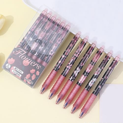 MOZXIRZ 6 Pcs Erasable Gel Ink Pens Retractable Pens 05mm Blue Ink Pen Office School Pens Cute Aesthetic Pen Women Girls Blue InkFlowers - Image 3