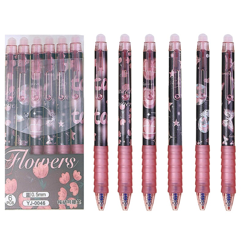 MOZXIRZ 6 Pcs Erasable Gel Ink Pens Retractable Pens 05mm Blue Ink Pen Office School Pens Cute Aesthetic Pen Women Girls Blue InkFlowers - Image 2