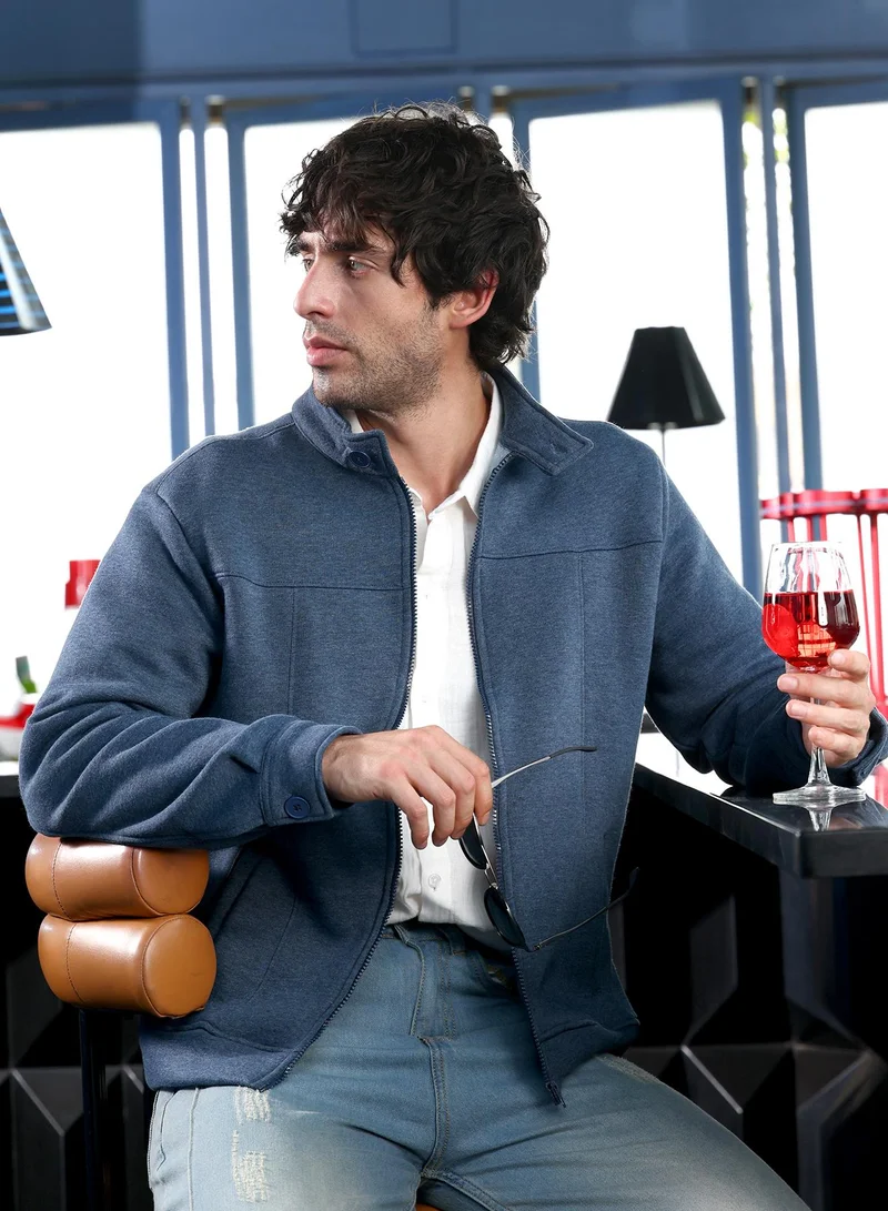 Campus Sutra Men Panel-Stitch Knit Jacket | Band Collar, Long Button-Cuff Sleeves | Zipper , Ribbed-Straight Hem | Solid Melenge | Knitted Fabric For Casual & Daily Wear | Indigo Blue