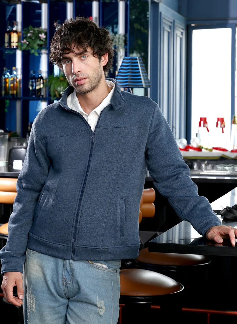 Campus Sutra Men Panel-Stitch Knit Jacket | Band Collar, Long Button-Cuff Sleeves | Zipper , Ribbed-Straight Hem | Solid Melenge | Knitted Fabric For Casual & Daily Wear | Indigo Blue