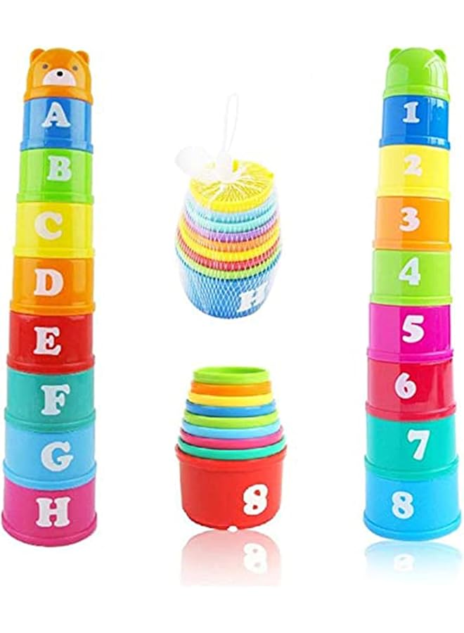 KASTWAVE Stacking Cups 9 Pieces With Letters And Numbers Sound Folding Cup Toy Stacking Cups Game Toy For Baby Kids Childrens Educational Toy Bath Toys - Image 1