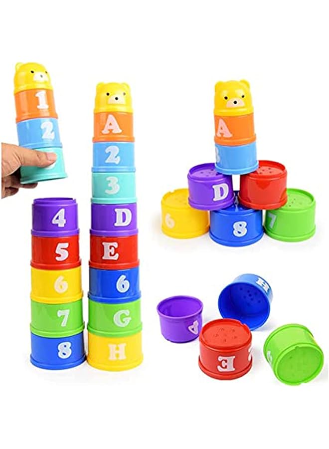 KASTWAVE Stacking Cups 9 Pieces With Letters And Numbers Sound Folding Cup Toy Stacking Cups Game Toy For Baby Kids Childrens Educational Toy Bath Toys - Image 4