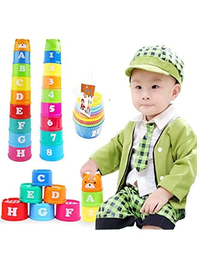KASTWAVE Stacking Cups 9 Pieces With Letters And Numbers Sound Folding Cup Toy Stacking Cups Game Toy For Baby Kids Childrens Educational Toy Bath Toys - Image 5