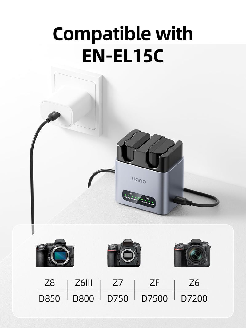 llano 2-Pack EN-EL15C Batteries and 20W Fast Charger for Nikon Z8, Z7II,ZR, Z5II, ZF, Z6III, D850, Z7, Z6II, Z6, D7500, D750, D7200, Heat Dissipation Aluminum Alloy Body, LED Display - Image 4