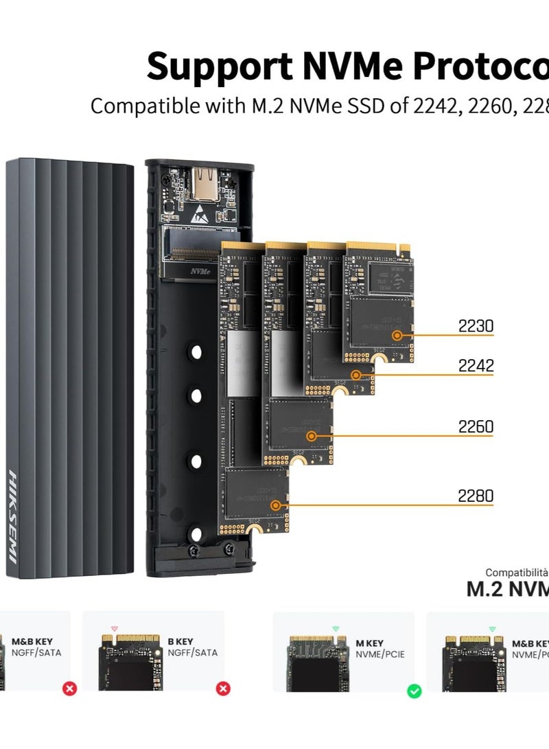 هيكسيمي علبة HIKSEMI M.2 NVMe SSD – محول USB-C 3.2 Gen 2 بسرعة 10Gbps، تصميم بدون أدوات من الألمنيوم لأقراص SSD نوع M-Key وM+B Key بمقاسات 2230/2242/2260/2280، يدعم UASP وTrim - Image 1