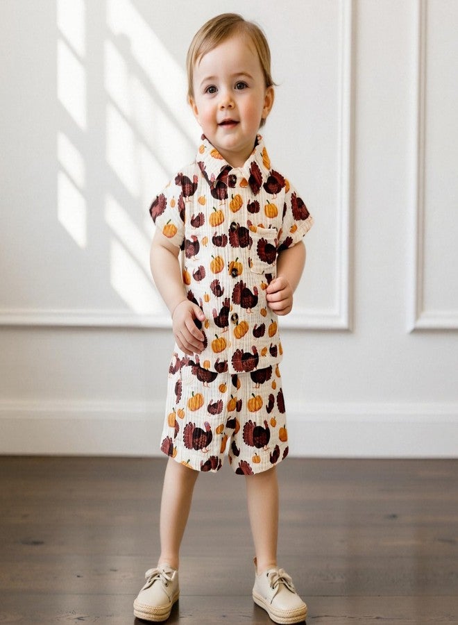 Mobbdow Toddler Baby Boy Thanksgiving Outfit Turkey Muslin Button Down Short Sleeve Shirts and Shorts Set Cute Fall Clothes (A-Beige, 2-3T) - Image 3
