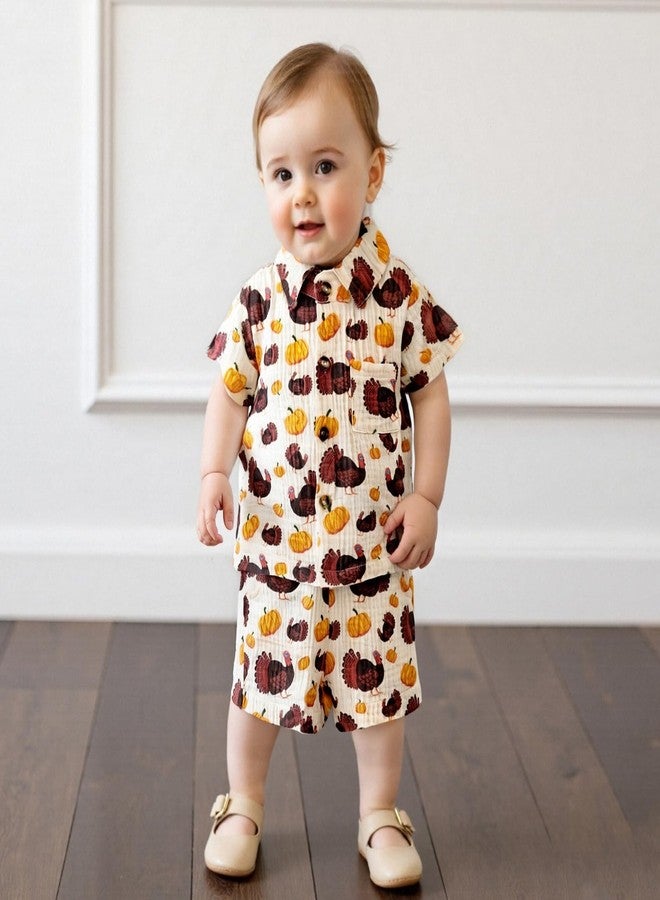 Mobbdow Toddler Baby Boy Thanksgiving Outfit Turkey Muslin Button Down Short Sleeve Shirts and Shorts Set Cute Fall Clothes (A-Beige, 2-3T) - Image 2