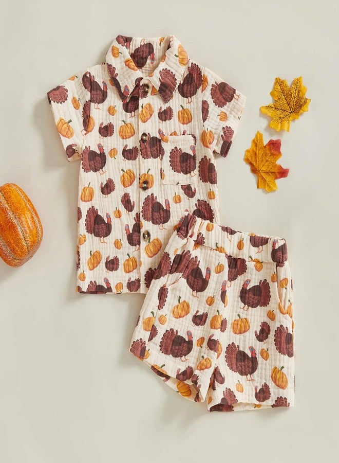 Mobbdow Toddler Baby Boy Thanksgiving Outfit Turkey Muslin Button Down Short Sleeve Shirts and Shorts Set Cute Fall Clothes (A-Beige, 2-3T) - Image 5