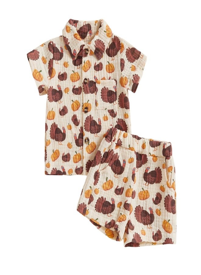 Mobbdow Toddler Baby Boy Thanksgiving Outfit Turkey Muslin Button Down Short Sleeve Shirts and Shorts Set Cute Fall Clothes (A-Beige, 2-3T) - Image 1