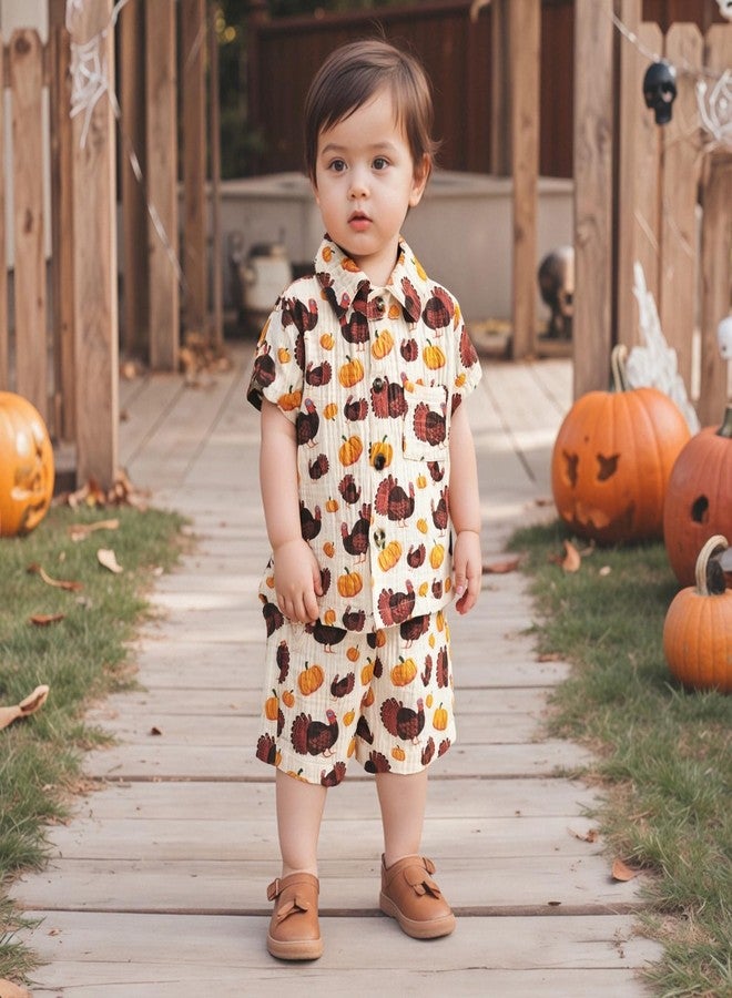 Mobbdow Toddler Baby Boy Thanksgiving Outfit Turkey Muslin Button Down Short Sleeve Shirts and Shorts Set Cute Fall Clothes (A-Beige, 2-3T) - Image 4
