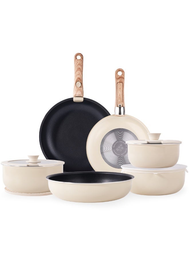 طقم حلل ومقالي غير لاصقة قابل للفصل - حلال ومقالي بتتراص مع بعضها ومقابضها قابلة للإزالة، آمنة للغسالة - مناسبة للتخييم في العربيات الترفيهية والفرن والبوتاجاز - Image 1