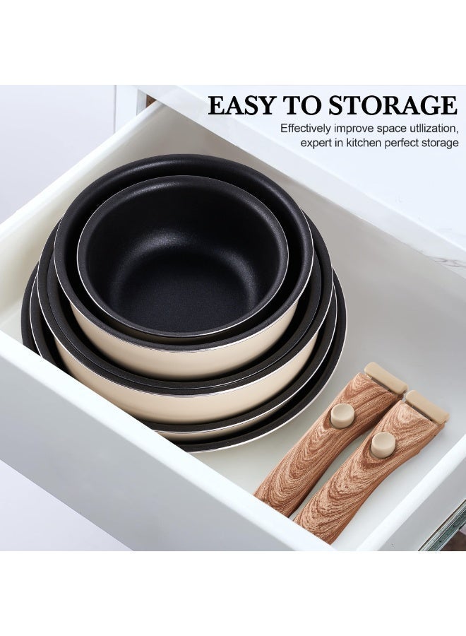 طقم حلل ومقالي غير لاصقة قابل للفصل - حلال ومقالي بتتراص مع بعضها ومقابضها قابلة للإزالة، آمنة للغسالة - مناسبة للتخييم في العربيات الترفيهية والفرن والبوتاجاز - Image 4