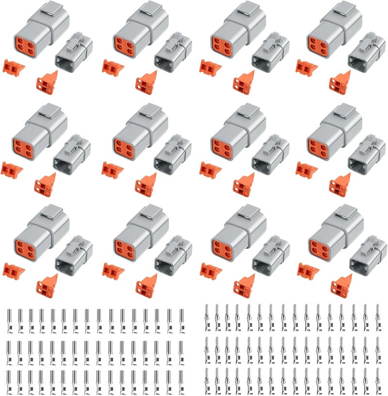 Deutusacc 144 PCS Deutsch DTP Connector Kit 4 Pin Automotive Waterproof Connectors 12 sets with Size 12 Stamped Contacts Gauge 14-12 AWG Wire Size,25A - Image 1