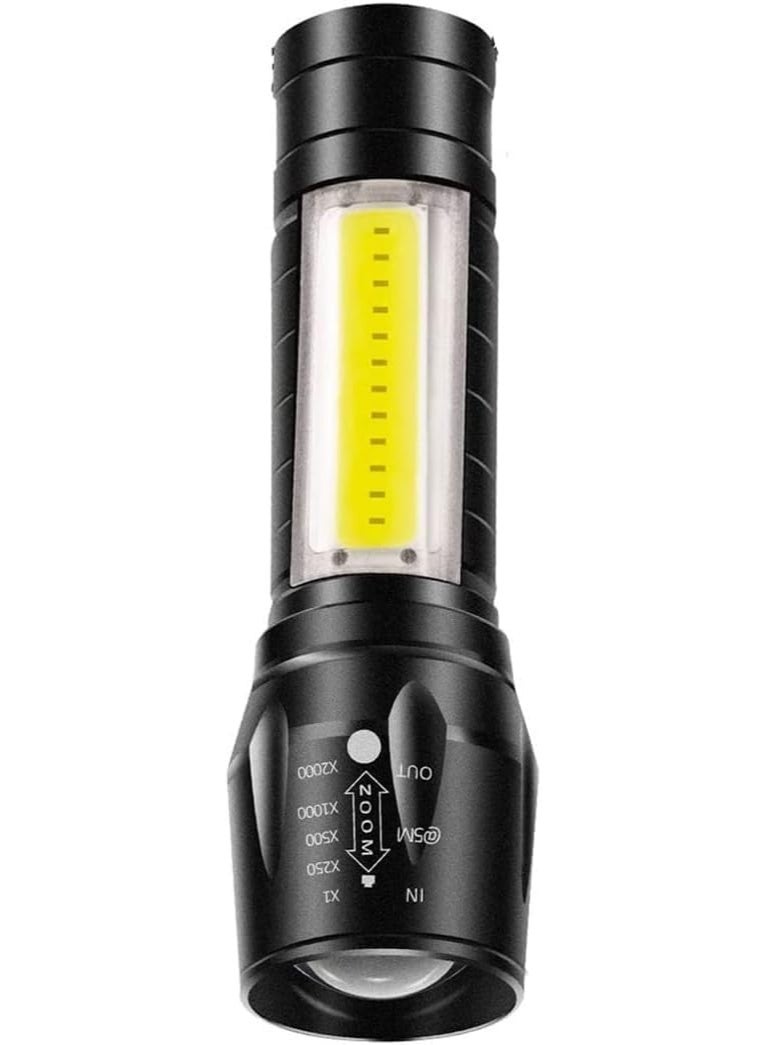 كشاف LED يدوي قابل للشحن USB – مصباح يدوي عالي السطوع مع زوم قابل للتعديل وإضاءة جانبية COB للطوارئ والتخييم والاستخدام الخارجي - Image 1