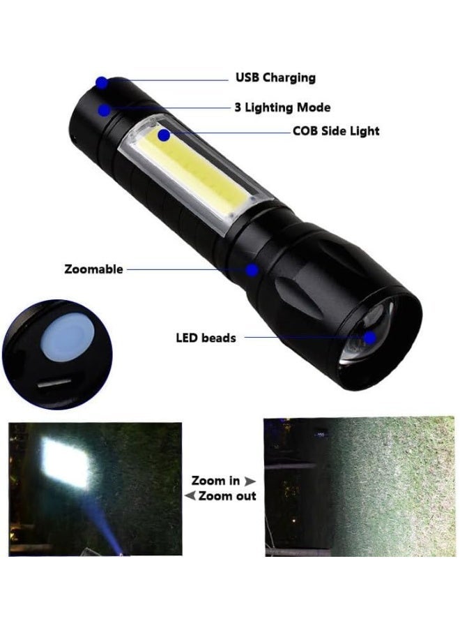 كشاف LED يدوي قابل للشحن USB – مصباح يدوي عالي السطوع مع زوم قابل للتعديل وإضاءة جانبية COB للطوارئ والتخييم والاستخدام الخارجي - Image 3