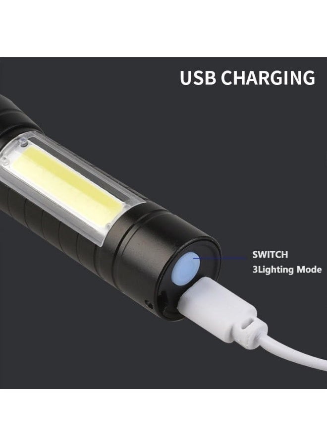 كشاف LED يدوي قابل للشحن USB – مصباح يدوي عالي السطوع مع زوم قابل للتعديل وإضاءة جانبية COB للطوارئ والتخييم والاستخدام الخارجي - Image 2