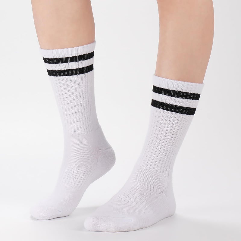 Ultrafun 5 Pairs Striped Crew Socks Cotton Cushioned Athletic Sports Running Socks for Men Women Teens (Large, White) - Image 2