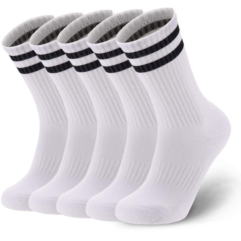 Ultrafun 5 Pairs Striped Crew Socks Cotton Cushioned Athletic Sports Running Socks for Men Women Teens (Large, White) - Image 1
