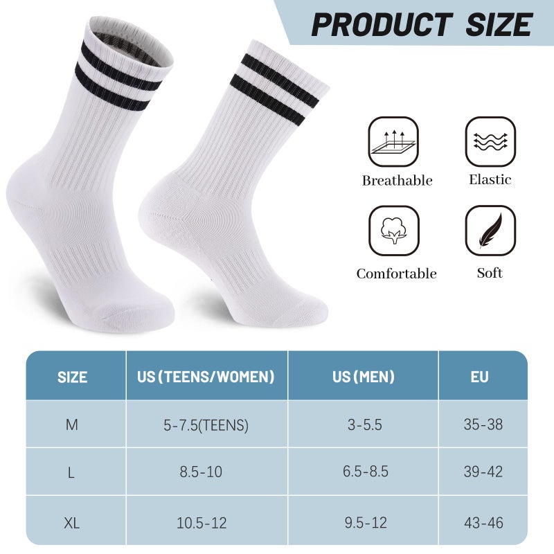 Ultrafun 5 Pairs Striped Crew Socks Cotton Cushioned Athletic Sports Running Socks for Men Women Teens (Large, White) - Image 4