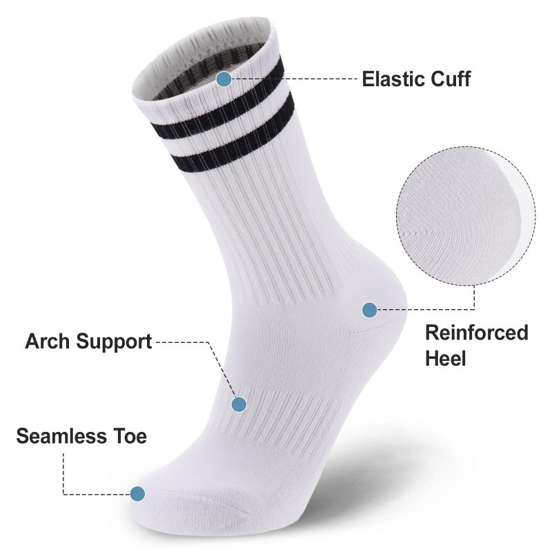 Ultrafun 5 Pairs Striped Crew Socks Cotton Cushioned Athletic Sports Running Socks for Men Women Teens (Large, White) - Image 5