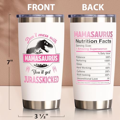 Fimibuke Gifts for Mom, Christmas Gifts from Daughter Son, 20 OZ Tumbler Best Birthday Gifts for Mama Mother-in-Law Wife Mother to Be, Mamasaurus Insulated Cup with Handle New Mom Gift for Wife from Husband - Image 3
