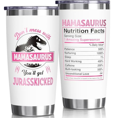 Fimibuke Gifts for Mom, Christmas Gifts from Daughter Son, 20 OZ Tumbler Best Birthday Gifts for Mama Mother-in-Law Wife Mother to Be, Mamasaurus Insulated Cup with Handle New Mom Gift for Wife from Husband - Image 1