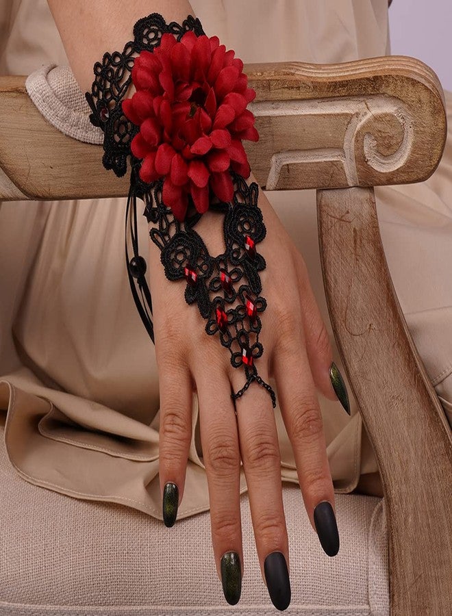 ميس غرايس سوار Missgrace عتيق من الدانتيل الأسود مع حلقة، سوار معدني مزين بكريستال، دانتيل ستيمبانك، زهرة حمراء، شرابة، سوار وخواتم قوطية للهالوين للنساء - Image 3