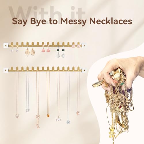 milylove Wall Necklace Holder Hanging Jewelry Organizer 2 Pack Metal Necklace Organizer, Space-saving Jewelry Display for Necklaces & Earrings，Gold，Screws Included - Image 2