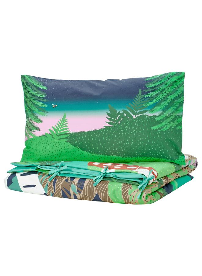 erorex Duvet cover and pillowcase, multicolour/forest pattern, 150x200/50x80 cm - Image 1