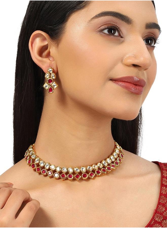 VOYLLA Kundan Gold Plated Brass Necklace Set  - Image 5