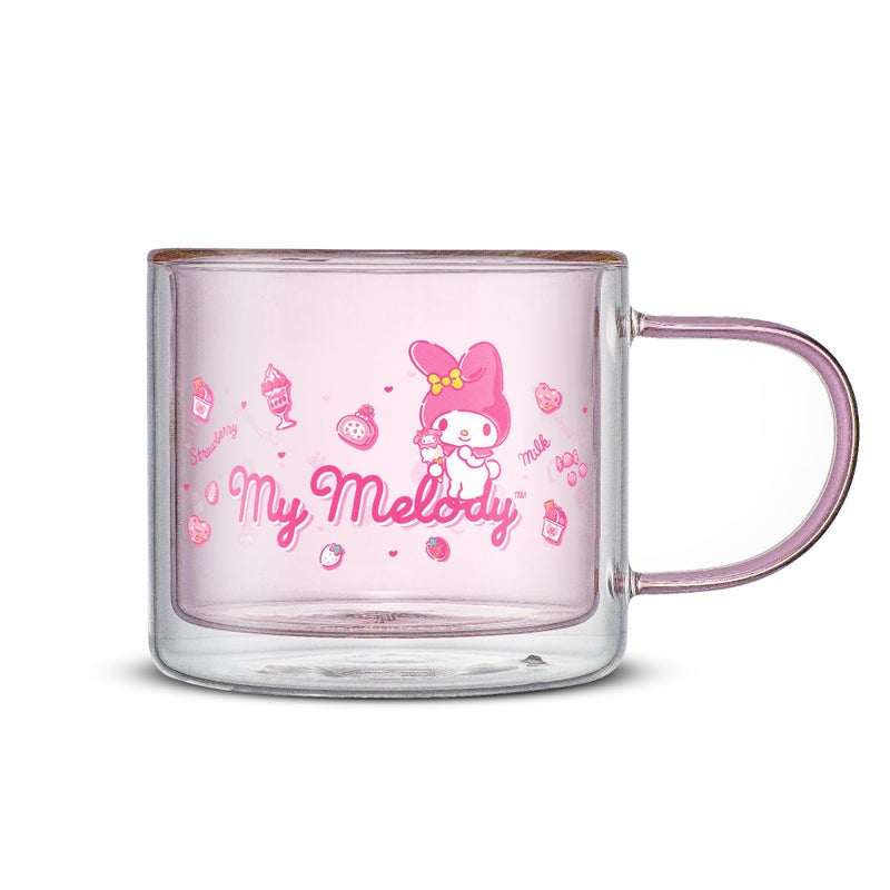 JoyJolt Hello Kitty Double Wall Insulated Coffee Mug ft My Melody 135 oz Glass Cup Cute Drinking Glassware ideal for Latte Iced Coffee or Tea Kawaii Hello Kitty Merch Sanrio Accessories