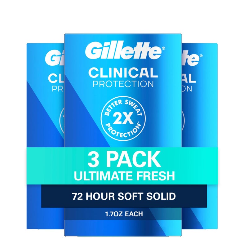Gillette Clinical Antiperspirant and Deodorant for Men, 72hr Sweat & Odor Protection, Long Lasting Freshness, Anti-White Mark Technology, Soft Solid, Ultimate Fresh Scent, 1.7 oz (Pack of 3) - Image 1