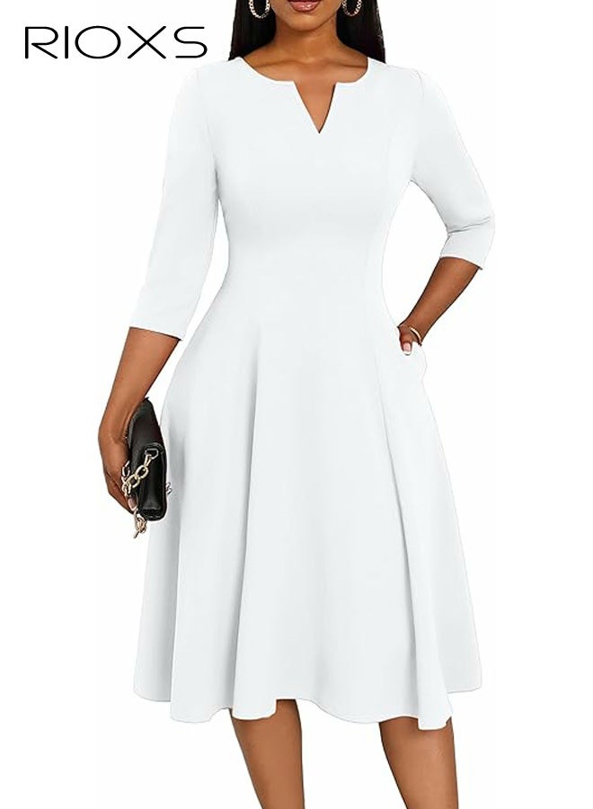 ريوكس فستان نسائي بطول 3/4 وأكمام V ورقبة، فستان حفلات بطول متوسط وخط A وخصرة عالية، فستان صيفي غير رسمي قابل للتنفس، فستان قصير أنيق للعمل والكوكتييلات، مناسب لحفلات الزفاف والحفلات والمواعيد والمكتب والمزيد، أبيض - Image 1