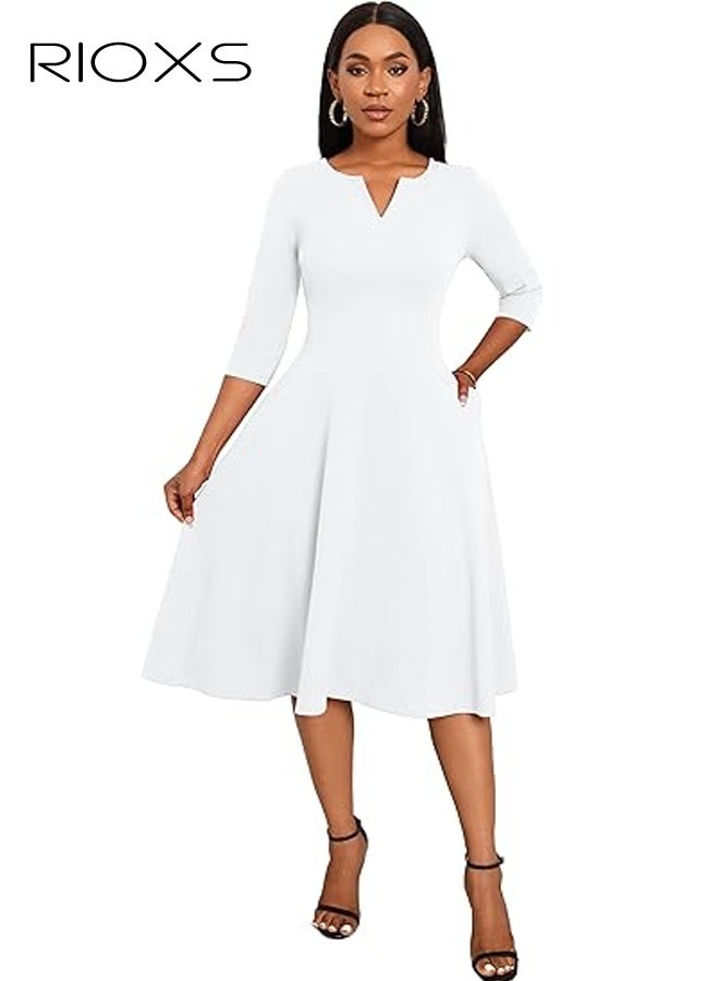 ريوكس فستان نسائي بطول 3/4 وأكمام V ورقبة، فستان حفلات بطول متوسط وخط A وخصرة عالية، فستان صيفي غير رسمي قابل للتنفس، فستان قصير أنيق للعمل والكوكتييلات، مناسب لحفلات الزفاف والحفلات والمواعيد والمكتب والمزيد، أبيض - Image 2
