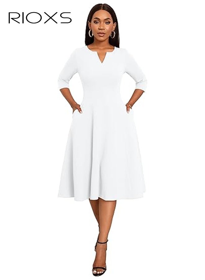 ريوكس فستان نسائي بطول 3/4 وأكمام V ورقبة، فستان حفلات بطول متوسط وخط A وخصرة عالية، فستان صيفي غير رسمي قابل للتنفس، فستان قصير أنيق للعمل والكوكتييلات، مناسب لحفلات الزفاف والحفلات والمواعيد والمكتب والمزيد، أبيض - Image 3