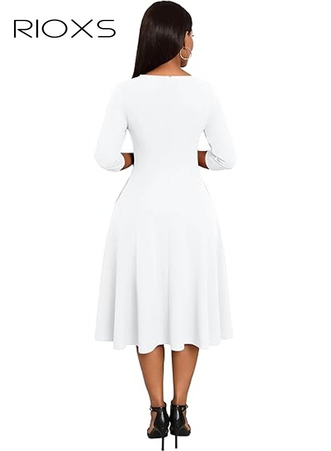 ريوكس فستان نسائي بطول 3/4 وأكمام V ورقبة، فستان حفلات بطول متوسط وخط A وخصرة عالية، فستان صيفي غير رسمي قابل للتنفس، فستان قصير أنيق للعمل والكوكتييلات، مناسب لحفلات الزفاف والحفلات والمواعيد والمكتب والمزيد، أبيض - Image 4