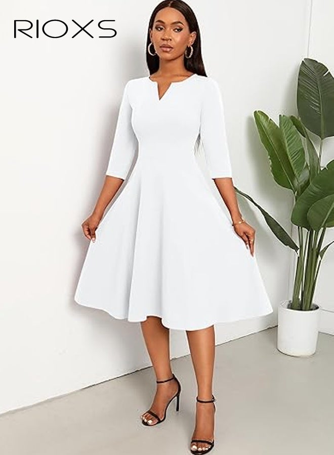 ريوكس فستان نسائي بطول 3/4 وأكمام V ورقبة، فستان حفلات بطول متوسط وخط A وخصرة عالية، فستان صيفي غير رسمي قابل للتنفس، فستان قصير أنيق للعمل والكوكتييلات، مناسب لحفلات الزفاف والحفلات والمواعيد والمكتب والمزيد، أبيض - Image 5