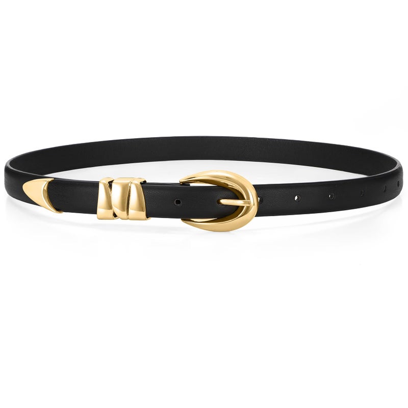 WHIPPY Women Skinny Leather Belt for Jeans Pants Dresses Ladies Fashion Waist Belt with Shiny Gold Buckle,Black Gold,S - Image 1