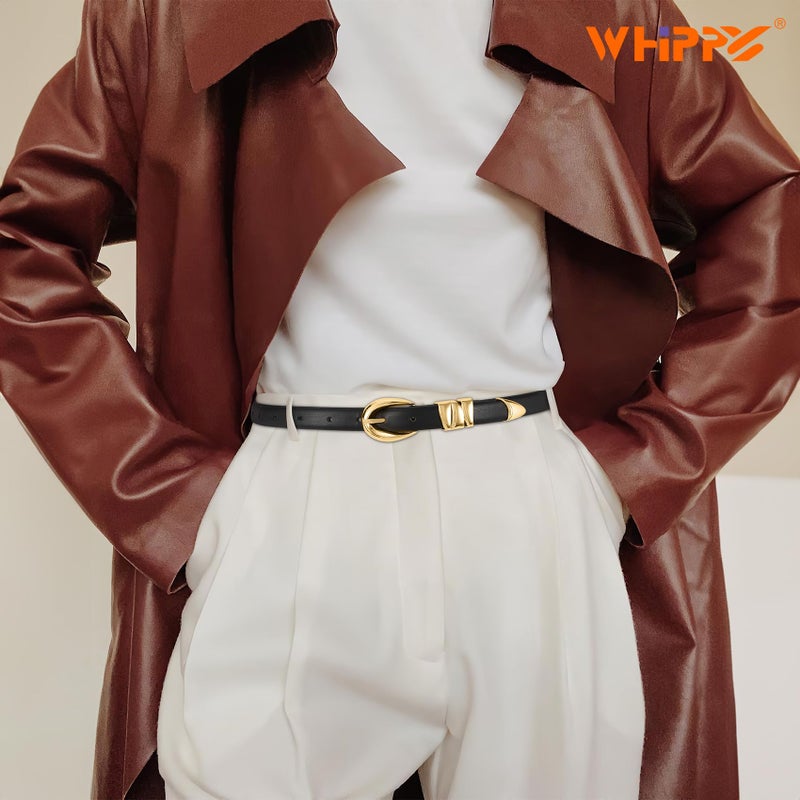 WHIPPY Women Skinny Leather Belt for Jeans Pants Dresses Ladies Fashion Waist Belt with Shiny Gold Buckle,Black Gold,S - Image 2